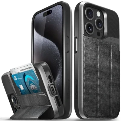 Afbeelding van VENA vCommute Portemonnee hoesje compatibel met Apple iPhone 15 Pro (6,1 inch), (militaire valbescherming), lederen fliphoes kaartsleuf en standaard, leisteen zwart, VN2270VD