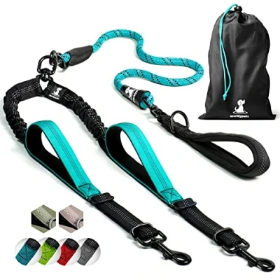 Afbeelding van SparklyPets dubbele hondenriem voor 2 honden touw bungee middelgrote en grote met gewatteerde handgrepen, geen wirwar reflecterende strepen (groenblauw,