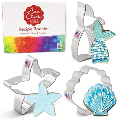 Afbeelding van Ann Clark Cookie Cutters 3 delige Zeermeermin Koekjessnijder met Receptenboek, Zeemeerminstaat, Zeester, Schelp