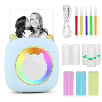 Afbeelding van GuKKK mini printer, mobiele fotoprinter, draagbare fotoprinter met zeven kleuren led, draadloze fotoprint, thermische smartphone bluetooth voor leerhulp, studienotities, dagboek