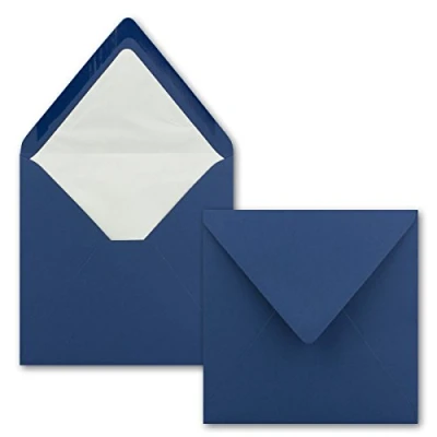 Afbeelding van 25 x enveloppen vierkant, 16 cm donkerblauw (blauw) met witte zijdevoering, zonder venster en natte plakrand, voor uitnodigingskaarten bruiloft verjaardag