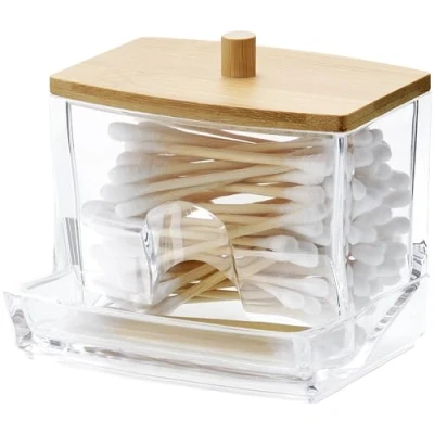 Afbeelding van Navaris transparante wattenstaafjes houder Met bamboe deksel 9,3 x 8,7 5,3 cm badkamer organizer Voor in de en kast Polystyreen