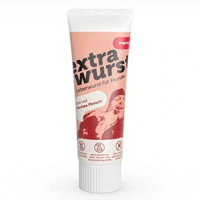 Afbeelding van MERA Extrawurst Graanvrije hondenberworst, 75 g tube met veel vers vlees en smaak, trainingslekkernijen voor volwassen honden puppy&#039;s, zonder suiker zout