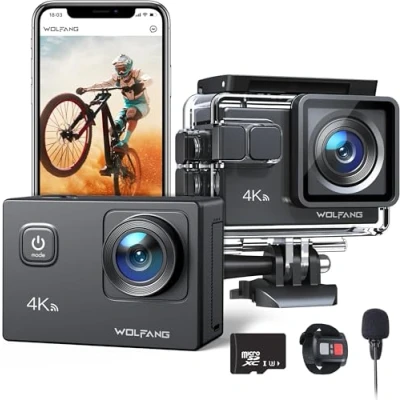 Afbeelding van Actie Camera WOLFANG GA100 4K 30FPS met 32GB Memory kaart, waterdichte onderwatercamera 40M dubbele microfoon, afstandsbediening, anti vibratie, batterij 2 x 1050mAh, diverse accessoires