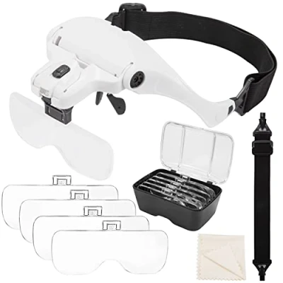 Afbeelding van Vergrootbril met ledlicht, hoofdband, vergrootglas, brilvergrootglas verlichting voor lezen, elektriciens, juweliers, naaien, reparatie, 5 verwisselbare lenzen, 1 x tot 3,5