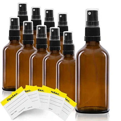 Afbeelding van Oputec 10 x 50 ml spuitflessen van glas met verstuiver + labels bruine glazen flessen fijne sproeikop pompspuitflessen