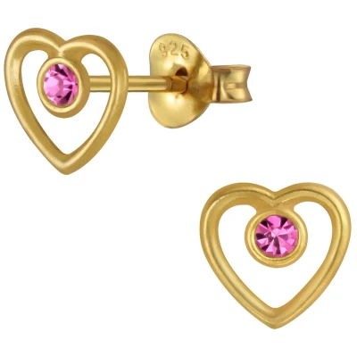 Afbeelding van JoyS Zilveren hartje oorbellen 7 mm kristal roze 14k goudplating
