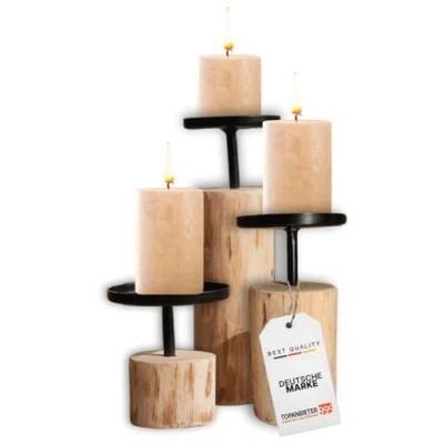 Afbeelding van TOPANBIETER 999 Kandelaar 3 delige set, rond design van eucalyptushout en metaal, hoogte 8 22 cm, stijlvolle kandelaars voor stompkaarsen, moderne tafeldecoratie kandelaar, levering zonder kaarsen
