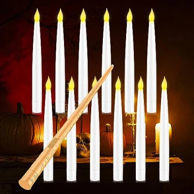 Afbeelding van Coovee Vlamloze led kaars met toverstaf, afstandsbediening, 12 stuks drijvende kaarsen, op batterijen, warm licht, flikkerende kegelkaars voor familie, bruiloft, feestdecoratie