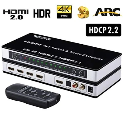 Afbeelding van Tendak HDMI 2.0 Switch 4 Port schakelaar 4K verdeler op 1 met optische en L/R audio extractor afstandsbediening ondersteunt UHD @60Hz HDCP 2.2 ARC 3D