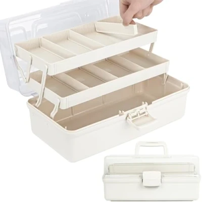 Afbeelding van Creahaus 35,6 cm 3 laags multifunctionele opbergdoos/ambachtelijke opbergdozen met compartimenten/plastic gereedschapskist/medicijnopbergdoos/haaraccessoires organizer/naaidoos 2 trays (wit)