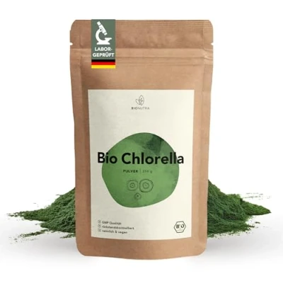 Afbeelding van BIONUTRA® Biologisch Chlorella Poeder 250 g Hersluitbare Verpakking Gebroken Celwand voor Optimale Opname van Voedingsstoffen