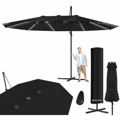 Afbeelding van KESSER® Dubbele Parasol met LED Verlichting 4,6m x 2,7m Zweefparasol inclusief beschermhoes, Windscherm zwengel en standaard Kantelbaare aluminium 360 draaibaar &amp; Waterafstotend Zwart