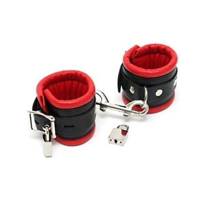 Afbeelding van Luxe leren enkelboeien gevoerd zwart/rood