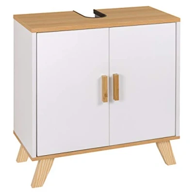 Afbeelding van eSituro SBP0026 Wastafelonderkast, badkamerkast met sifonuitsparing, wastafelkast, badkamerrek, opbergkast, verstelbare plank van MDF bamboe, wit, natuur