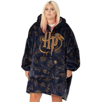 Afbeelding van Harry Potter Draagbare dekenhoodie voor dames Grijze trui met capuchon en Hogwarts print volwassenen One size loungewear sherpavoering zakken