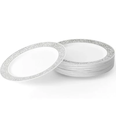 Afbeelding van MATANA 20 Kleine Witte Plastic Borden met Zilveren Rand (18cm), Dessert Feestbordjes voor Bruiloften, Verjaardagen, Dopen, Kerstmis &amp; Feesten Stevig en Herbruikbaar