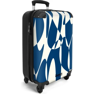 Afbeelding van NoBoringSuitcases.com® Handbagage koffer lichtgewicht Reiskoffer trolley Blauw met witte abstracte vormen Rolkoffer wieltjes Past binnen 55x40x20 en 55x35x25