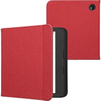 Afbeelding van kwmobile E reader hoesje geschikt voor Kobo Libra Colour hoes flip case met magneetsluiting Ereader cover Denim design in rood