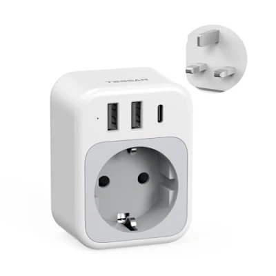 Afbeelding van TESSAN Adapter Engeland Duitsland Stekker, 4 in 1 UK met USB C en 2 A, Draagbare Stopcontact Engeland, Reisadapter 3250W, Type G voor UK, Ierland, Schotland, Malta