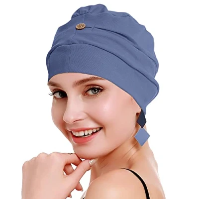 Afbeelding van osvyo Katoenen chemo hoofddeksel voor dames met kanker en haaruitval, muts van katoen, lichte hoofdbedekking, verzegelde verpakking, blauw, grijs, One size