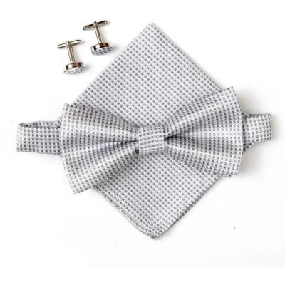 Afbeelding van Vlinderstrik inclusief pochette en manchetknopen Zilver kleine ruit luxe vlinderdas strik strikje pochet heren