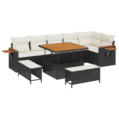Afbeelding van vidaXL 9 delige Tuin Sofa Set met Kussens Zwart Poly Rattan Acacia