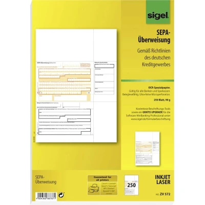 Afbeelding van Sigel PC SEPA overschrijving/ZV572 A4 speciaal OCR papier, MP 90 g inh. 250 vel