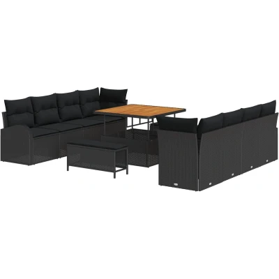 Afbeelding van vidaXL 11 delige Tuin Sofa Set met Kussens Zwart Poly Rattan Acacia, 2 Zitter Rattan, 3 Eet Acacia