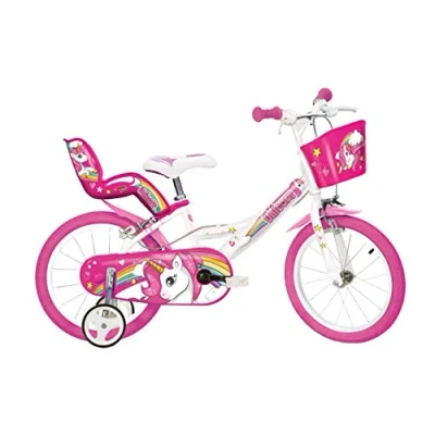 Afbeelding van Dino Kinderfiets Unicorn Eenhoorn met zijwieltjes, mand en poppenzitje