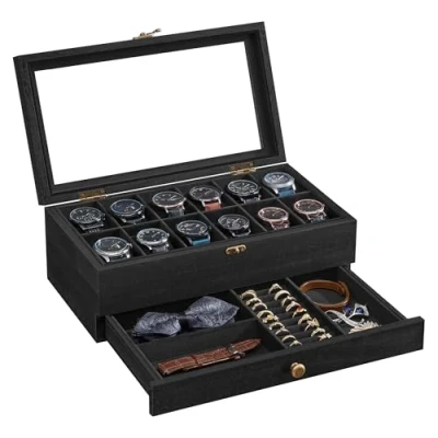 Afbeelding van SONGMICS Horlogedoos met 12 vakken, massief houten horlogedoos, glazen deksel, horlogekussen, sieradenopslag, cadeau voor dierbaren, inktzwart JOW012B02