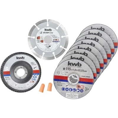 Afbeelding van KWB doorslijpschijven + diamant en slijpschijf, Ø dunne haakse slijper 115 mm doorslijpschijf voor RVS INOX in opbergdoos inclusief oordopjes AFM. x 1 22,23,
