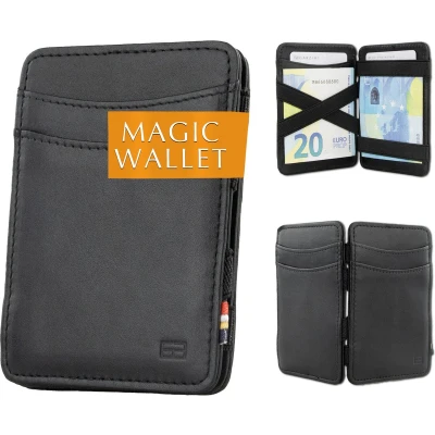 Afbeelding van Hunterson compacte Portemonnee voor heren en dames uit leder, Kaarthouder met RFID bescherming, Portefeuille plaats 8 kaarten, Magic Wallet, Zwart