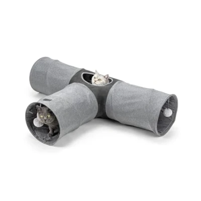 Afbeelding van lionto 3 weg kattentunnel met speelbal, 30 x 120 80 cm, opvouwbare uitbreidbare speeltunnel van onderhoudsvriendelijk faux linnen materiaal voor katten, robuust kattenspeelgoed, cm diameter