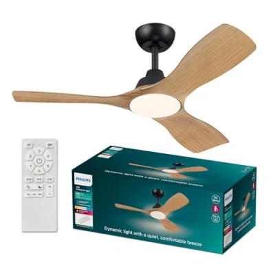 Afbeelding van Philips Olas Ventilator Energiezuinige LED verlichting Plafondlamp Instelbare kleurtemperatuur 24W 107cm diameter Afstandsbediening Zwart met houtlook