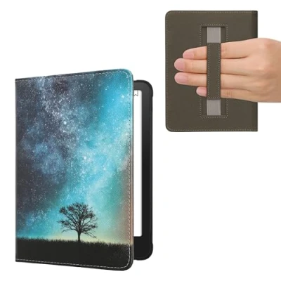 Afbeelding van kwmobile E reader hoesje geschikt voor Amazon Kindle Paperwhite (2024)/Colorsoft hoes flip case met magneetsluiting Ereader cover Sterrenstelsel en Boom design in blauw / grijs zwart