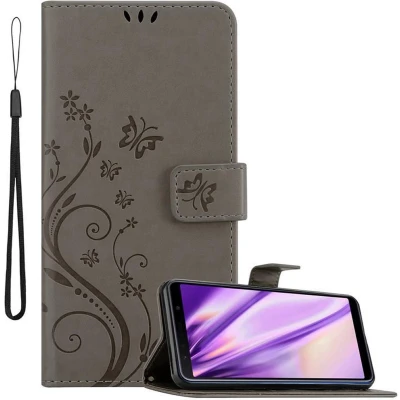 Afbeelding van Cadorabo Hoesje geschikt voor Samsung Galaxy A7 2018 in BLOEMEN GRIJS Beschermhoes bloemmotief met magnetische sluiting, standfunctie en kaartsleuven Book Case Cover Etui
