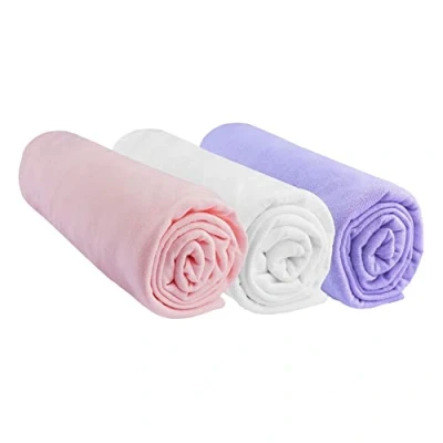 Afbeelding van Set van 3 hoeslakens, 60 x 120 cm, babybed, wieg, paraplubed, 100% katoen, roze, wit, paars, rekbaar, ademend, gezonde slaap, merk Easy dort Oeko Tex Made in Europe