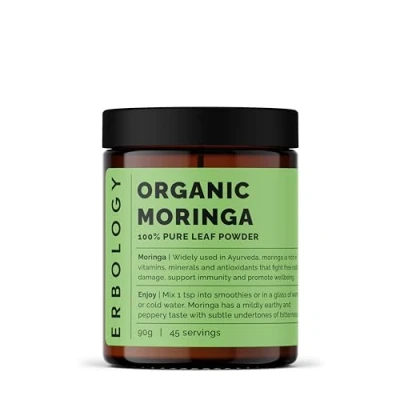 Afbeelding van Erbology Biologisch Moringa Leaf Poeder 90 g 45 porties Immuniteitsondersteuning Rijk aan calcium en ijzer duurzaam afkomstig rechtstreeks van boerderij in India Kleine partij Veganistisch