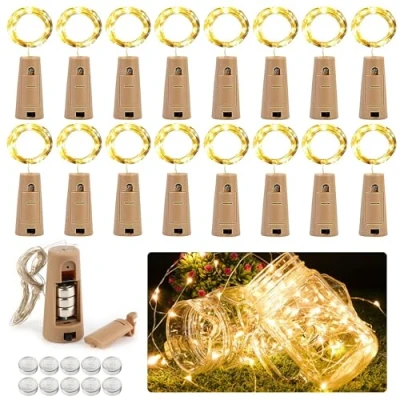 Afbeelding van VFANDV 16 stuks flessenlichtketting, kurk, 2 m, 20 leds, warmwit, glazen lichtketting, lichtketting met batterij, voor bruiloft, kerstdecoratie