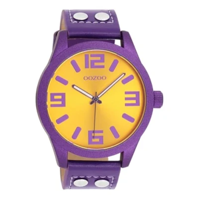 Afbeelding van Oozoo Timepieces Dameshorloge, polshorloge met leren armband, hoogwaardig horloge voor vrouwen, elegant analoog dameshorloge in rond, paars/oranje