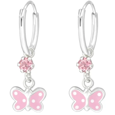 Afbeelding van JoyS Zilveren vlinder bedel oorbellen oorringen Swarovski kristal roze
