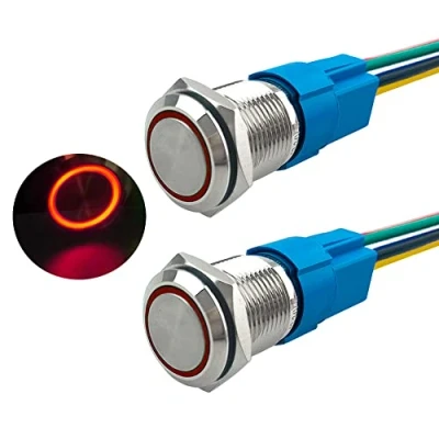 Afbeelding van Aiqeer Momentan drukschakelaar, 2 stuks, 16 mm, 12 V/24 V, 5 A, auto ontsteking, startschakelaar, IP67 waterdichte roestvrijstalen met voorbedraad stopcontact (rode led)