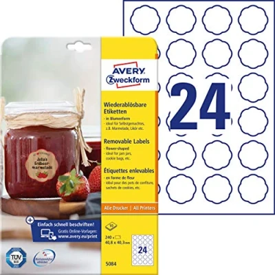 Afbeelding van AVERY Zweckform jam etiketten art. 5084 (240 stickers verwijderbaar, 40x40x40,3 mm op A4, bloemenvorm, voor inmaakpotten, gebakzakjes, geschenken, zelfgemaakte keuken), 10 vellen, wit