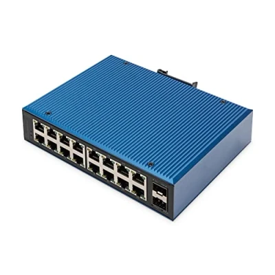 Afbeelding van DIGITUS industriële 18 poorts Gigabit Ethernet switch onbeheerd 16 RJ45 poorten + 2 SFP 10/100/1000 Mbps DIN rail montage IP40 beschermingsklasse blauw/zwart