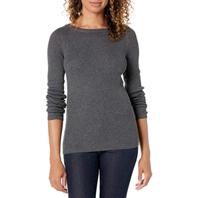 Afbeelding van Amazon Essentials Dames lichtgewicht geribbelde lange mouwen boothals slimfit trui, houtskool heather, L