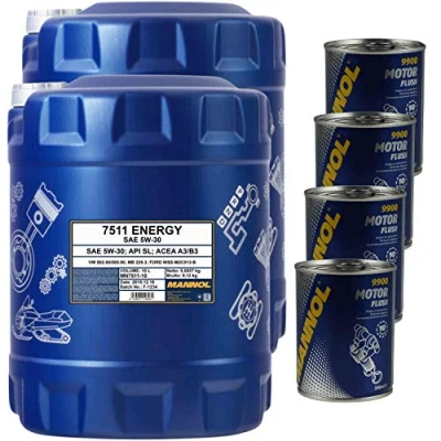 Afbeelding van MANNOL Energy 5W 30 Motorolie, 20 liter, 4 x motor Flush ADDITIV