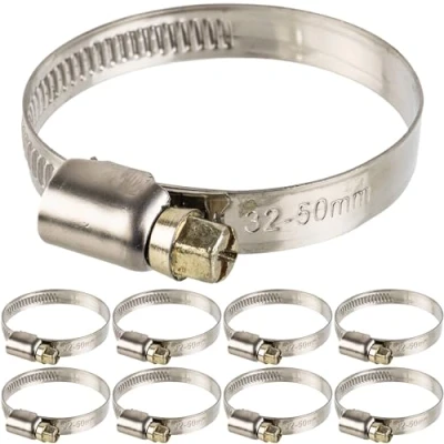 Afbeelding van Slangklemmen met wormwielaandrijving, 8 st, klembereik Ø 32 50 mm, voor 1 1/2&quot; slangen, W2 roestvrij staal, kruisgleuf 7, 9 mm bandbreedte, vastzetten van wasmachines, vaatwasmachine aansluiting
