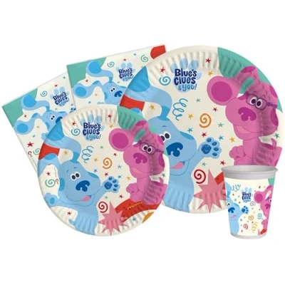 Afbeelding van Party Tableware Set Blue&#039;s Clues for 24 people (112 pcs: plates Ø23cm, Ø18cm, cups 200ml, 40 napkins 33x33cm) in eco friendly compostable paper