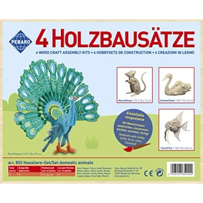 Afbeelding van Pebaro 852 houten bouwpakket huisdier set, 4 stuks 3D puzzels dieren: pauwen/muis, zwaan, vis, knutselen met hout, puzzel, voorgesneden platen, uitbreken, in elkaar steken, klaar,